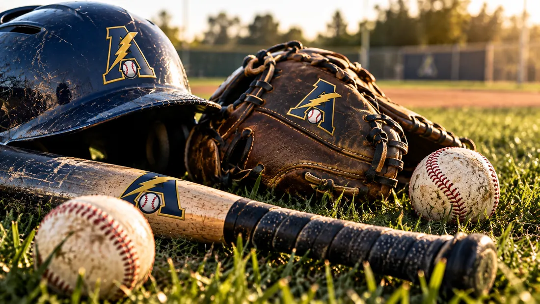 Hjelm, gribehandske, bat og bolde med Avedøre Thunders mærke, liggende i græsset på en baseballbane